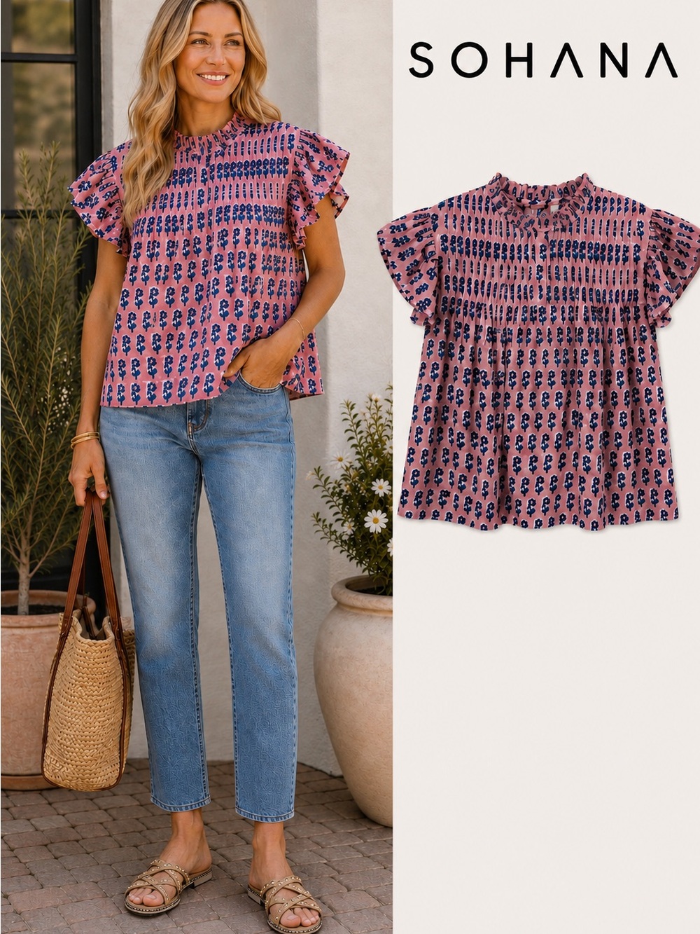 Sohana Floral Cotton Blouse Top | Pink & Navy | Size L